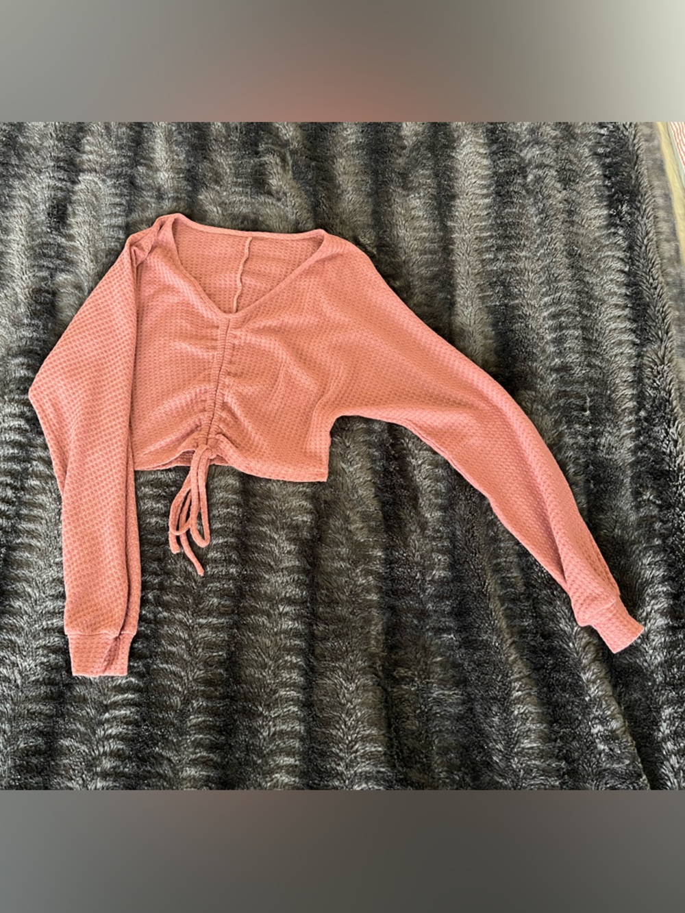 Cropped Waffle Knit Drawstring Hoodie - Dusty Rose